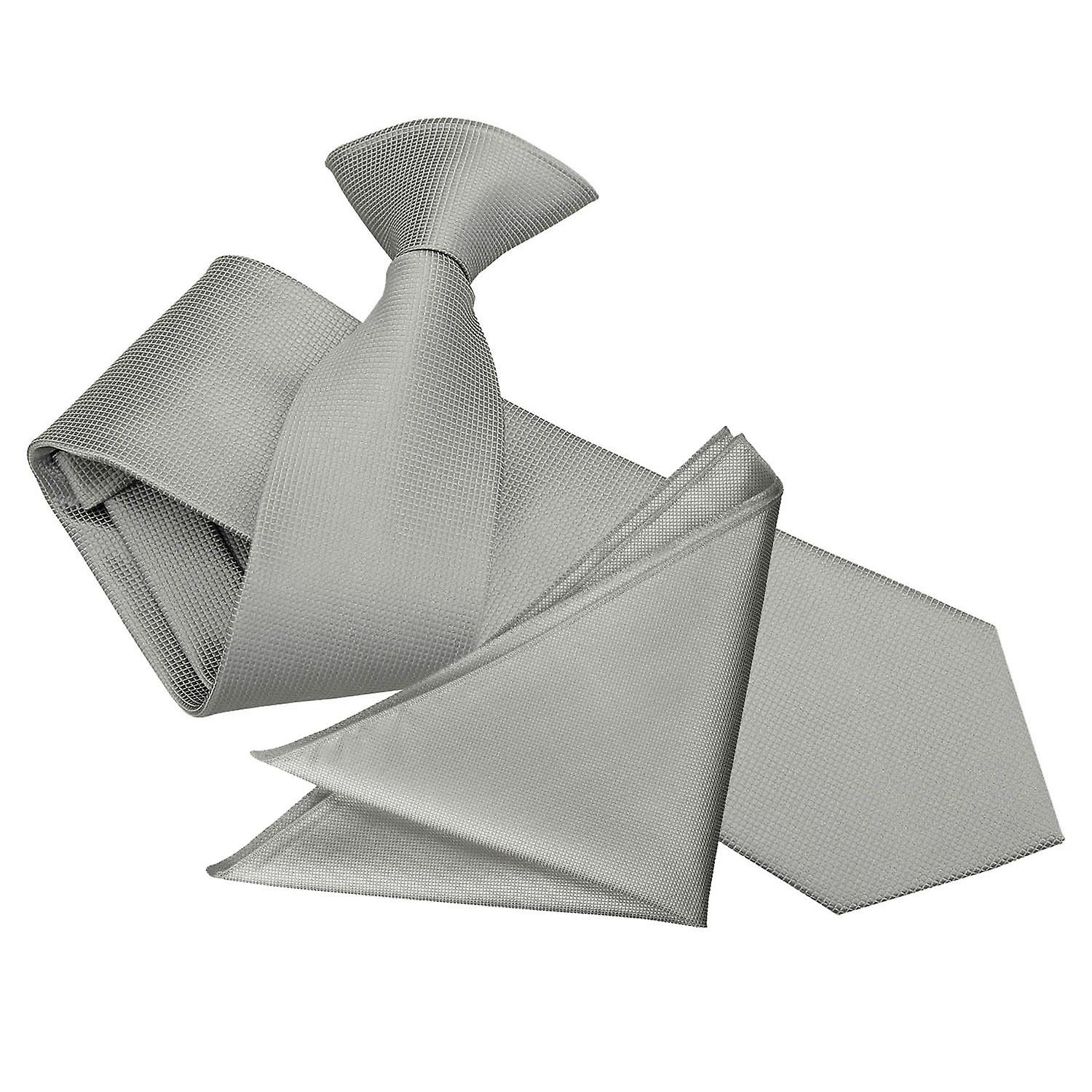 Silver Solid Check Clip On Slim Tie and Pocket Square Set