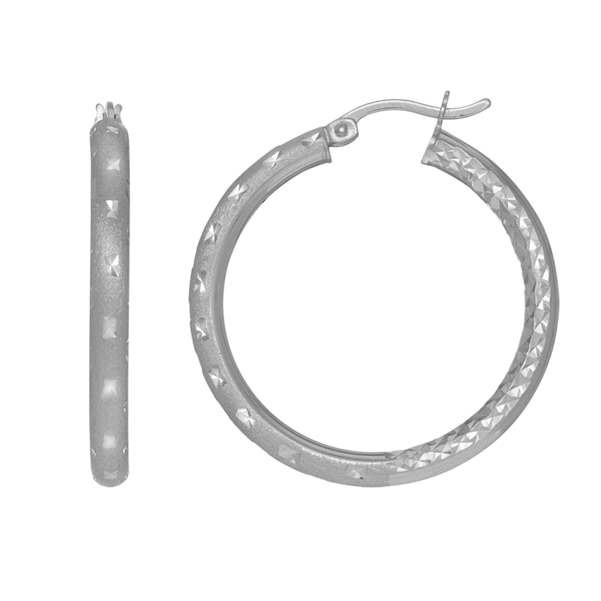 Sterling Silver Rhodium Finish Shiny Diamond Cut Finish Round Hoop Earrings
