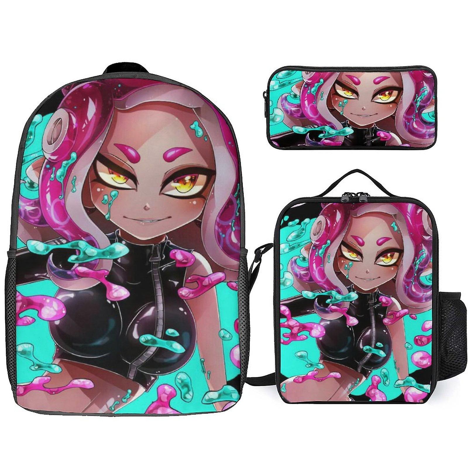 حقيبة سفر مدرسية للطلاب من Splatoon مع حقيبة غداء مقلمة للبنين والبنات 3 قطع مجموعة