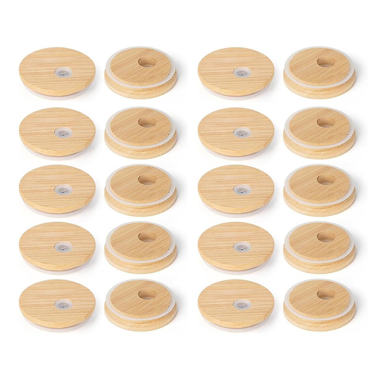 Bamboo Lids with Straw Hole, 2.76inch/70mm Canning Lids with Silicone Ring for Regular Mouth Drinking Jars, (20Pcs)