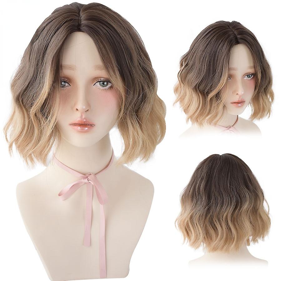 女性のための前髪のある短い巻き毛ロリータウィッグディープウェーブヘアオンバーブラウンブラック合成耐熱コスプレボブウィッグ