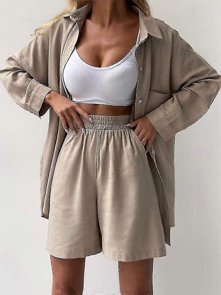 Costume d'été pour femmes Chemise et ensembles courts Couleur unie décontractée en coton et en lin Blouse et short Deux Pièces Ensemble Femmes 2023