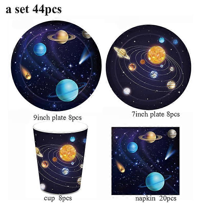 44pcs/set Outer Space Party Tableware 1st Birthday Boy Rocket Ship Light Tableware Galaxy Solar System Theme Party Decoration