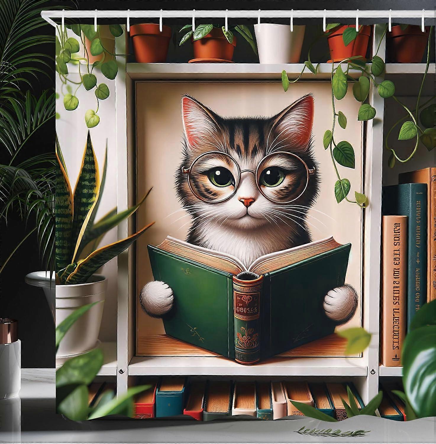 Cat Shower Curtain, Bookworm Kitty Reading Between Shelves Weeping Plants Botanical Cozy Concept, Cloth Fabric Bathroom Decor Set with Hooks,Green Pap