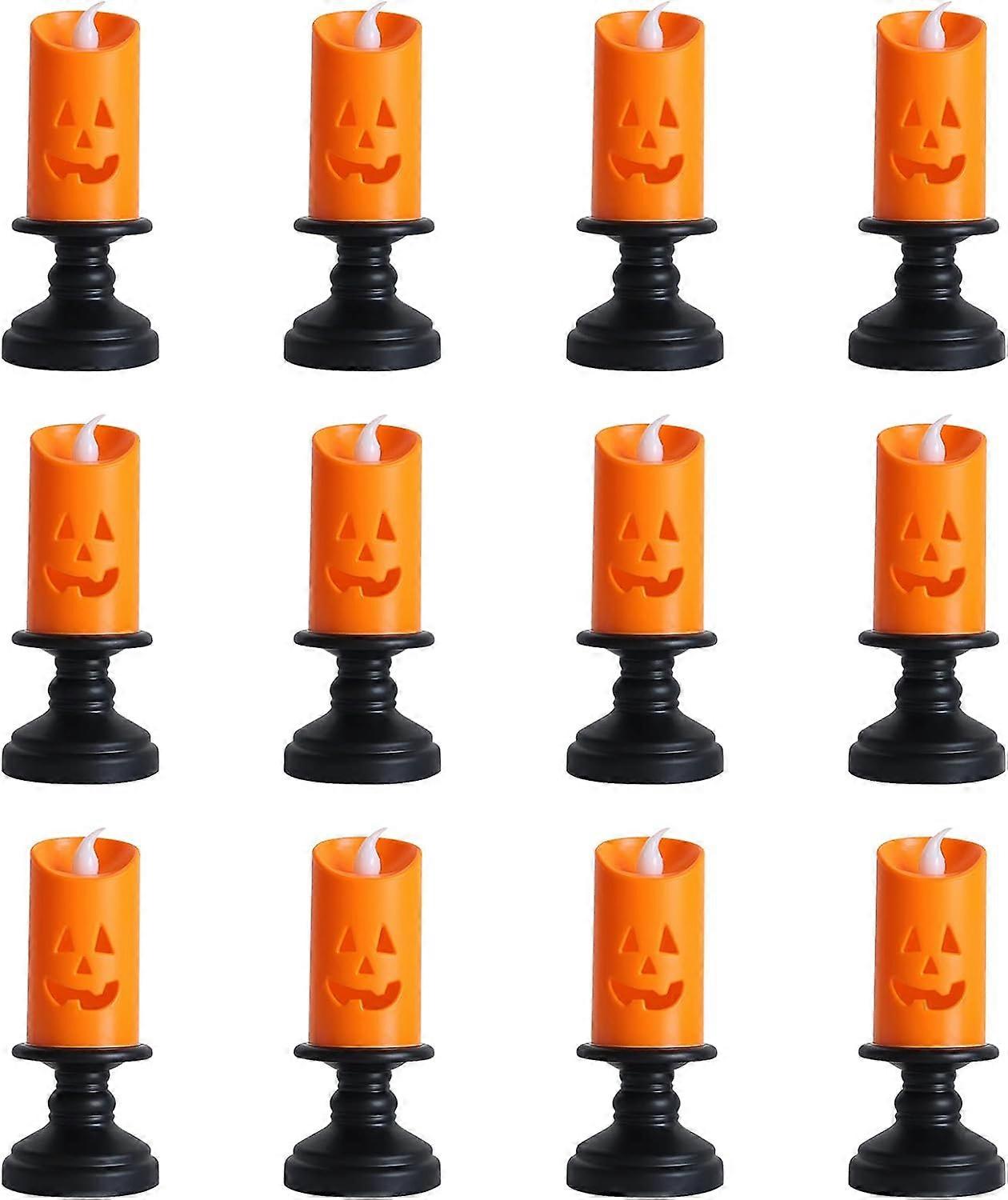 LED Tea Lights, 12 Pieces Halloween Pumpkin Battery Powered Tea Lights, Realistic Flameless Flickering Colors Changing Battery Operated Light, for Hom
