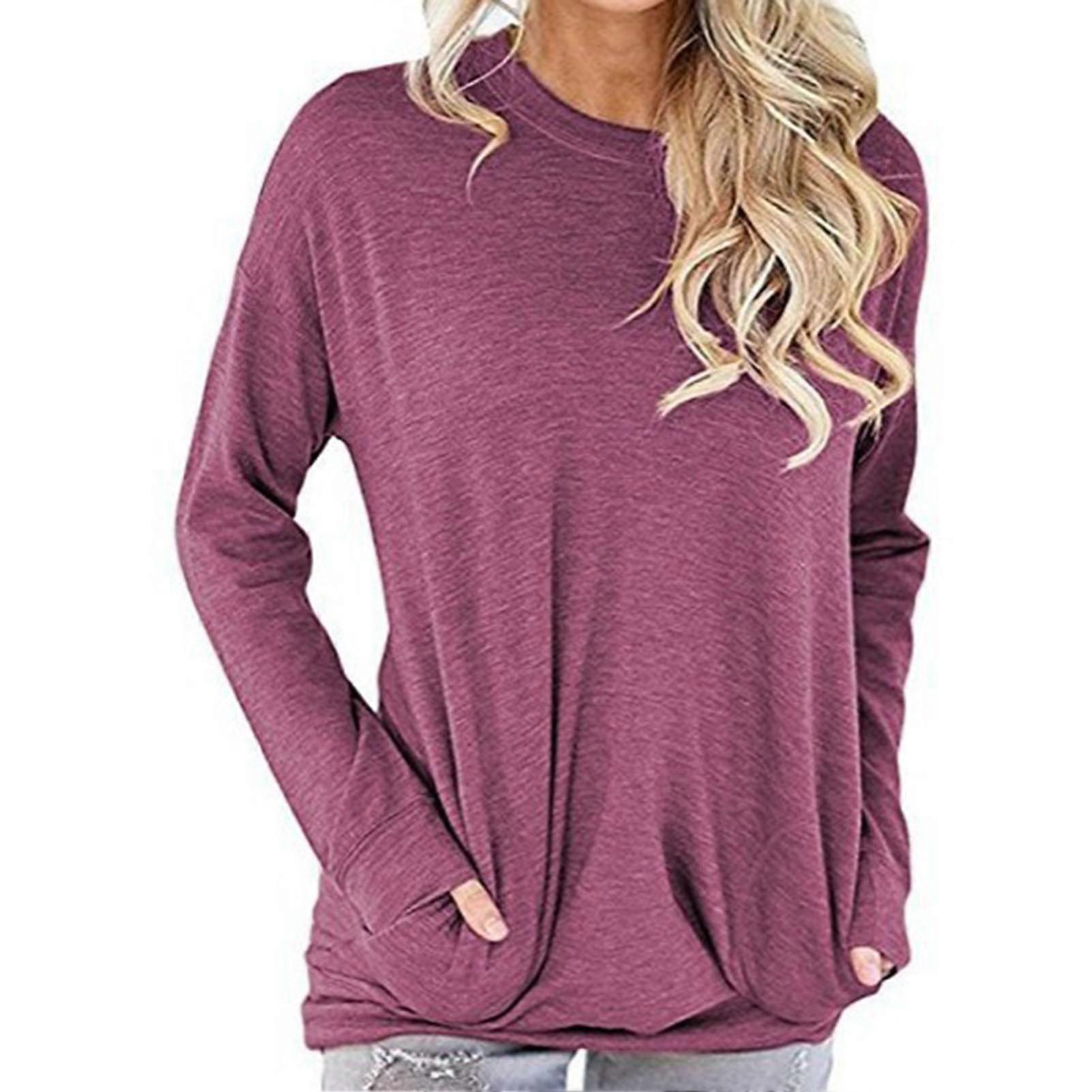 Round Neck Long Sleeve Loose Comfortable Breathable Pullover Top for Commute