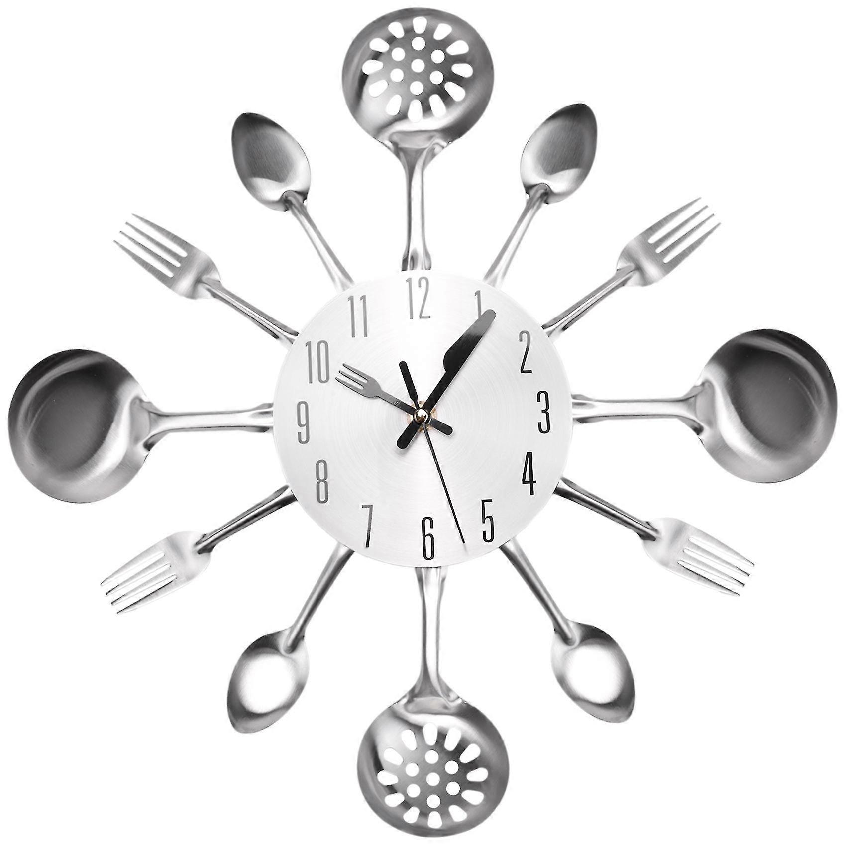 Metal Kitchen Cutlery Wall Clock 14 Inch with Fork Spoon 3D Non Ticking Quartz Watch Clock for Bedr