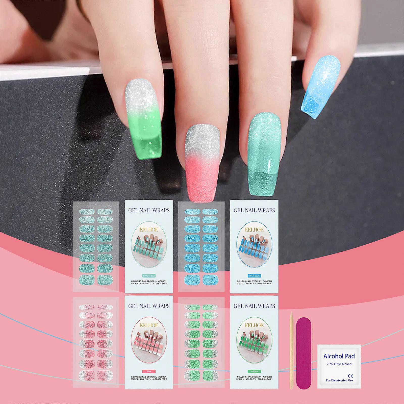 Semi Cured Gel Nail Strips, Works with Any Nail Lamps, Long Lasting, Easy to Apply & Remove, Includes 1 Prep Pads, Nail File & Wooden Stick
