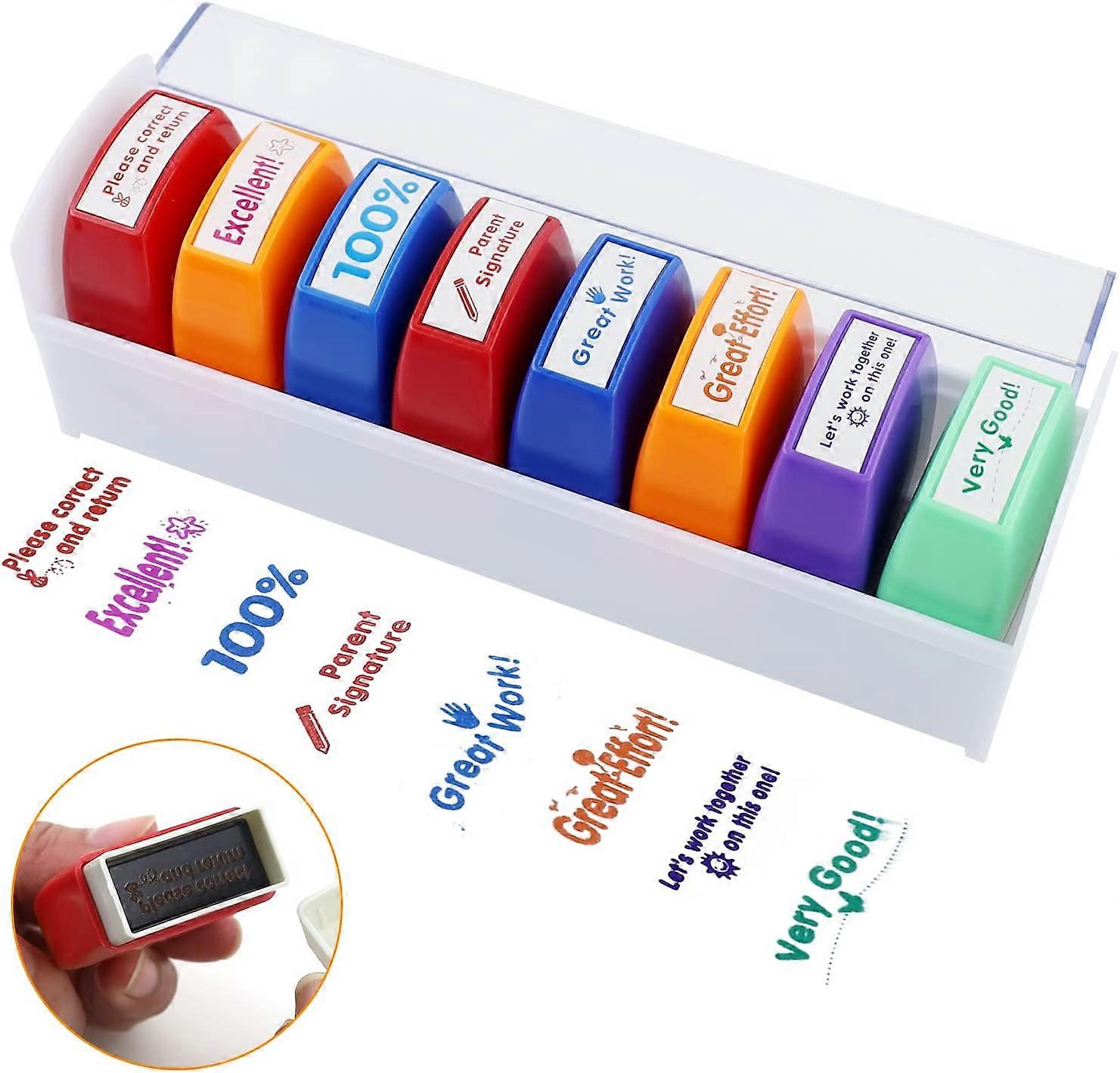 8 Pcs Teacher Stamps Set - Self-Inking Motivational Stamps For Grading Homework With Storage Tray