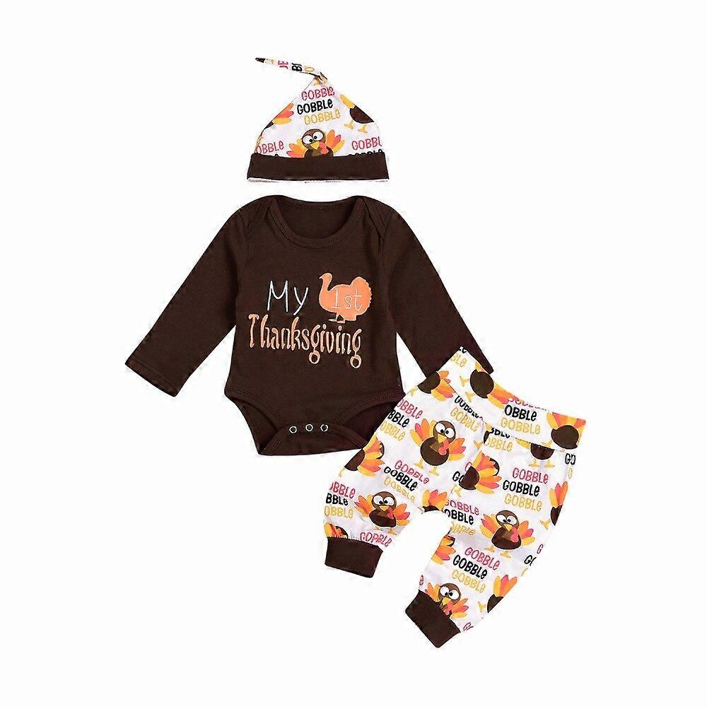 Baby pojkar flickor kläder Thanksgiving brev tryck Bodysuit + byxor + hatt 3st uppsättningar Höst baby kläder outfit