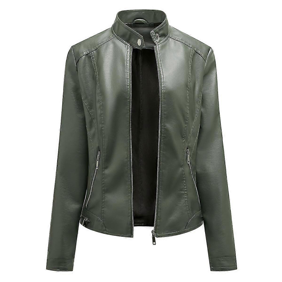 Naiwang Women's Solid Color Stand Collar Zip Slim Short Leather Jacket