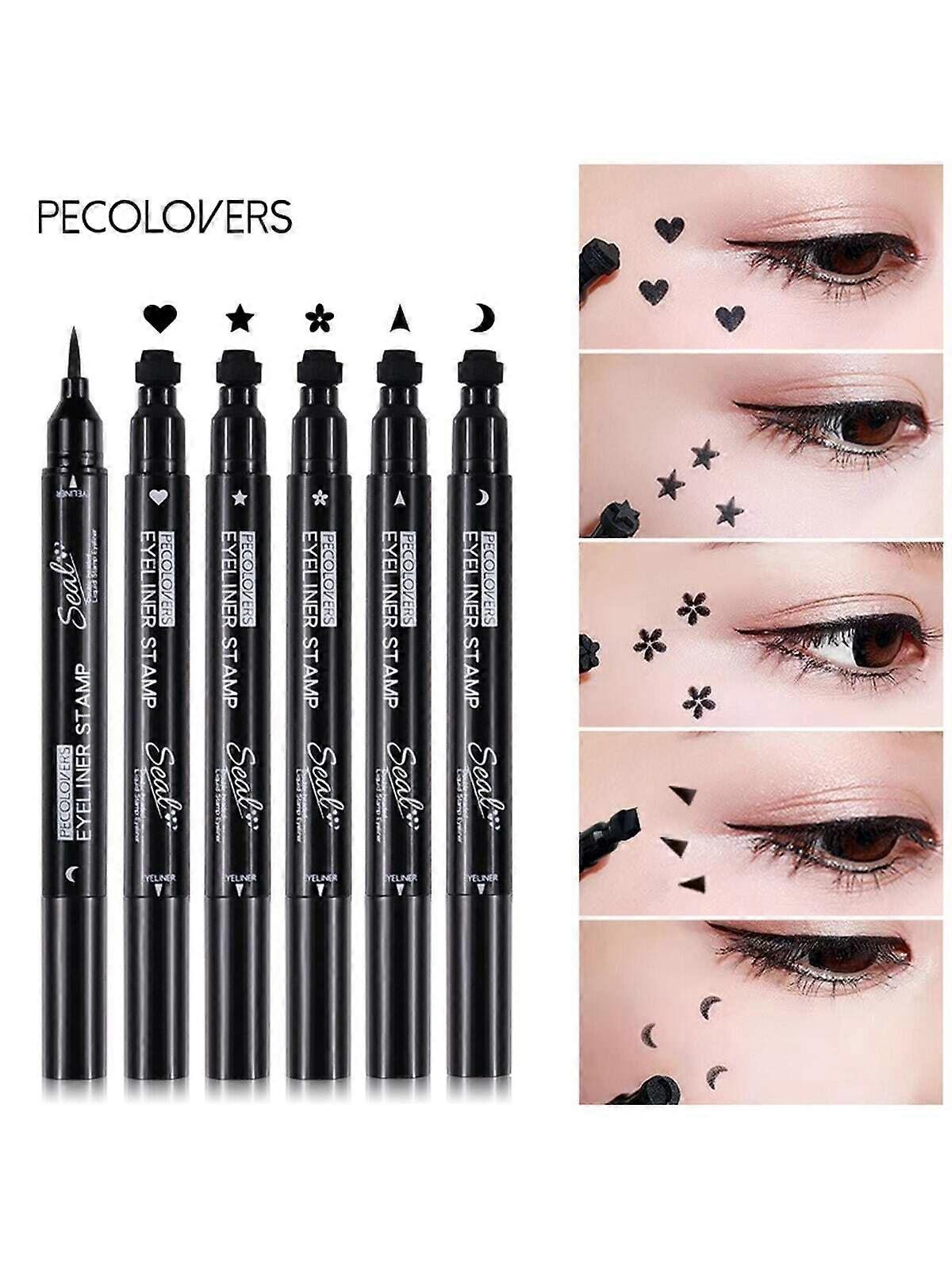 PECOLOVERS Double Head Stamp Waterproof Liquid Eyeliner Moon Star Heart Shapes Stamp Quick Dry Eye Liner Pencil Makeup Tool