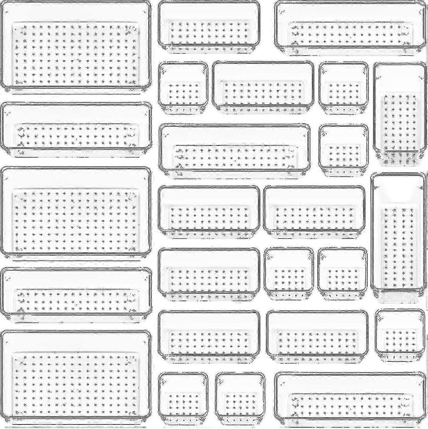 סט מארגני מגירות פלסטיק שקופים 25 יחידות, מגשי מארגן מגירות כביסה רב-תכליתיים בגודל 4 מידות ומגשי מגירות איפור