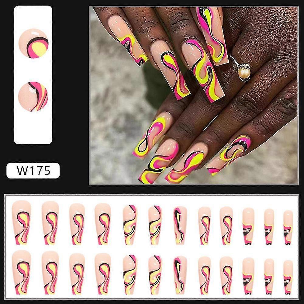 24pcs Glossy False Nails Multi-color Ripple Long Ballet Nails Glue Models