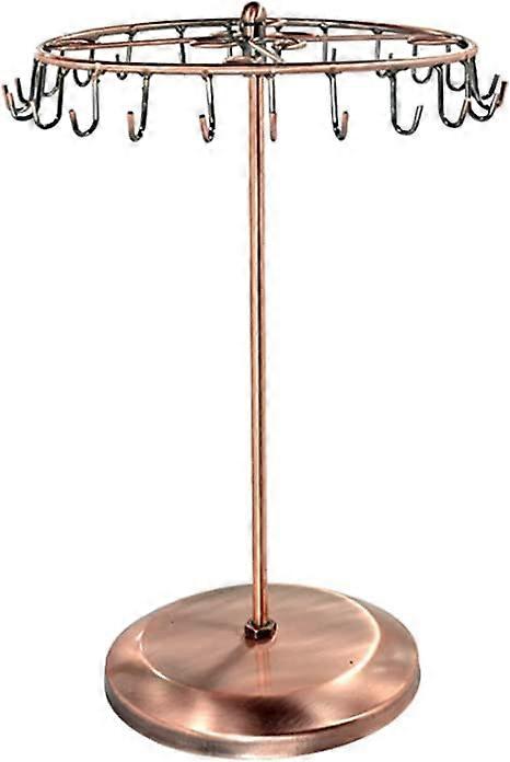 Copper rotating jewelry rack organizer for necklaces, bracelets, earrings, rings and key chains with 23 hooks.