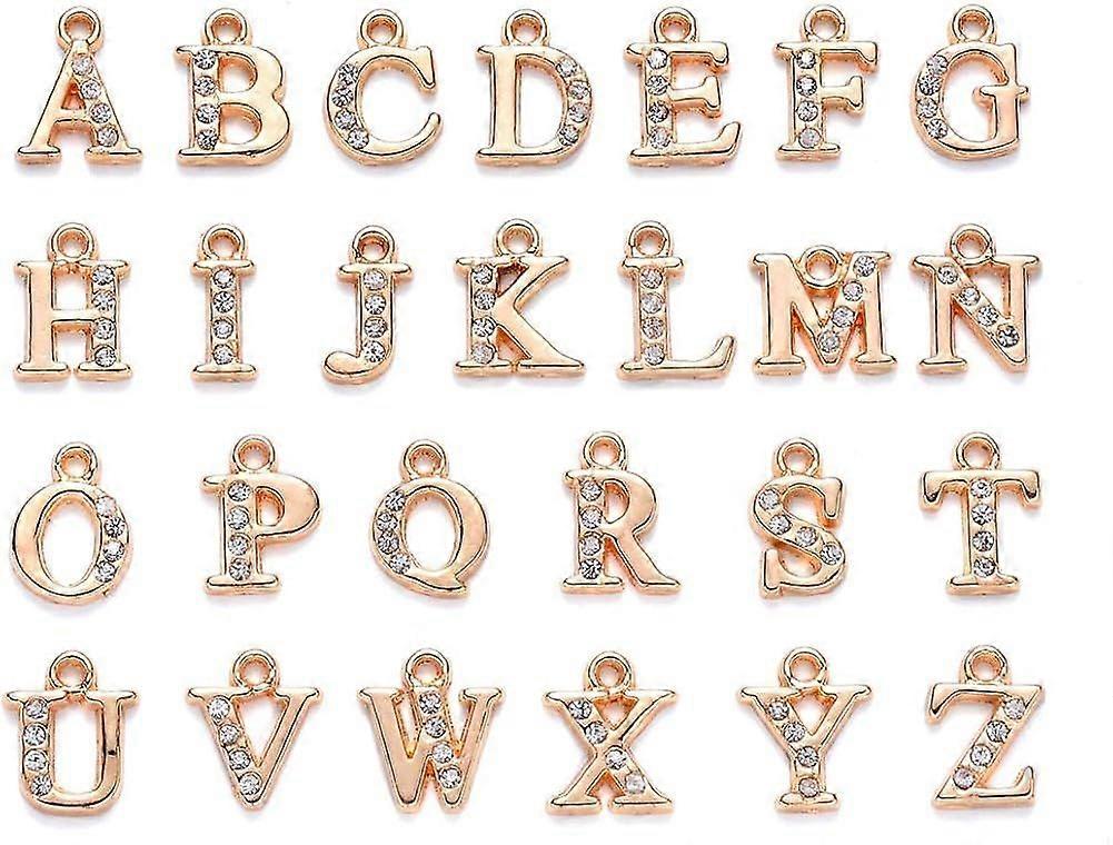 26個/セット合金レターラインストーンチャームペンダントレターA~Zアルファベットクリスタルダングルチャームビーズライトゴールドメッキジュエリー作り