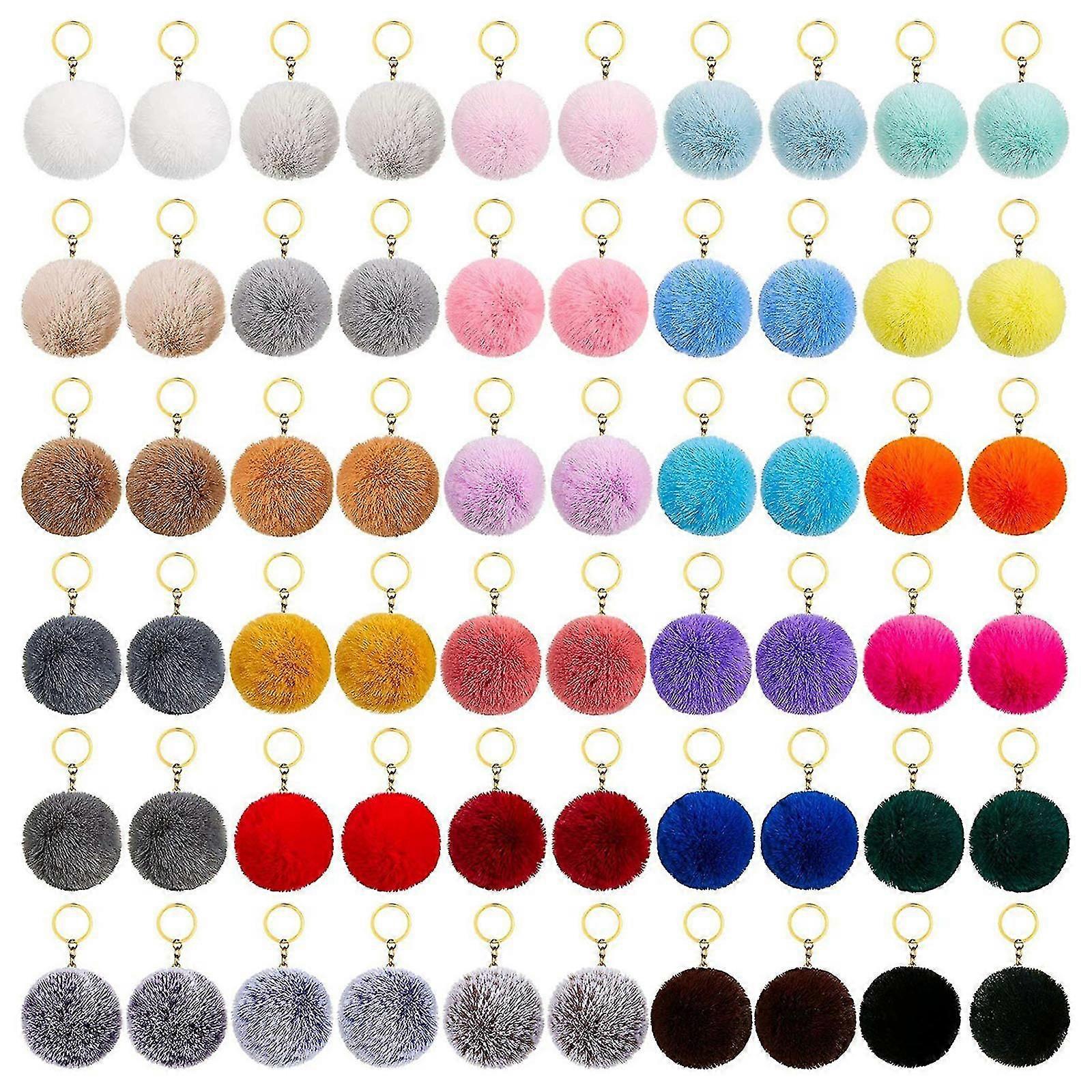 50-piece Set Pom Pom Keychain Fluffy Faux Fur Pompoms Keychain with Split Rings