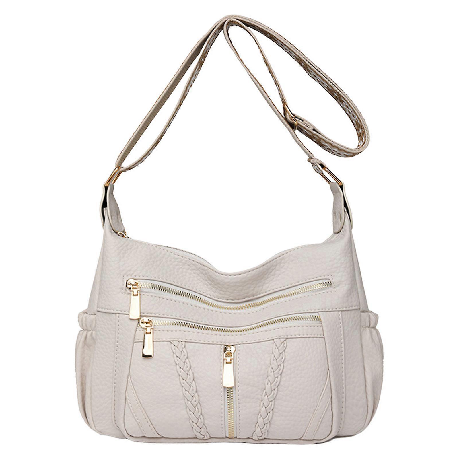 ソフトPUレザークロスボディバッグ大容量ショルダー財布カジュアルサッチェルポケット付き女性用ホワイト