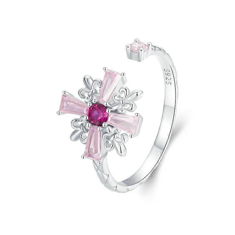 S925 Sterling Silver Platinum-plated Pink Iris Cross Open Ring BSR526-E