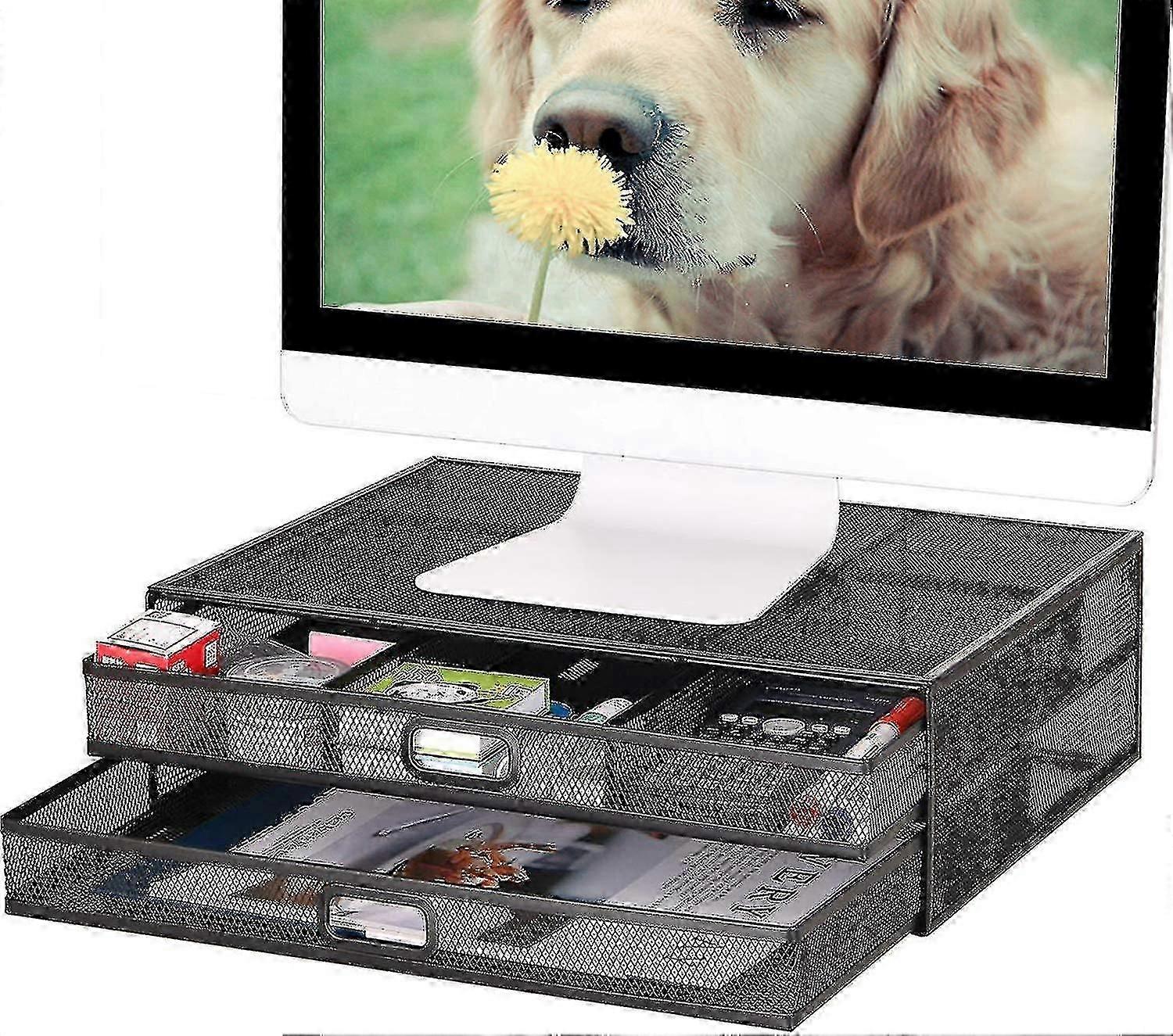 Monitor Stand Riser With Drawer Metal Mesh Desk Organizer With Dual Pull Out Storage Draw