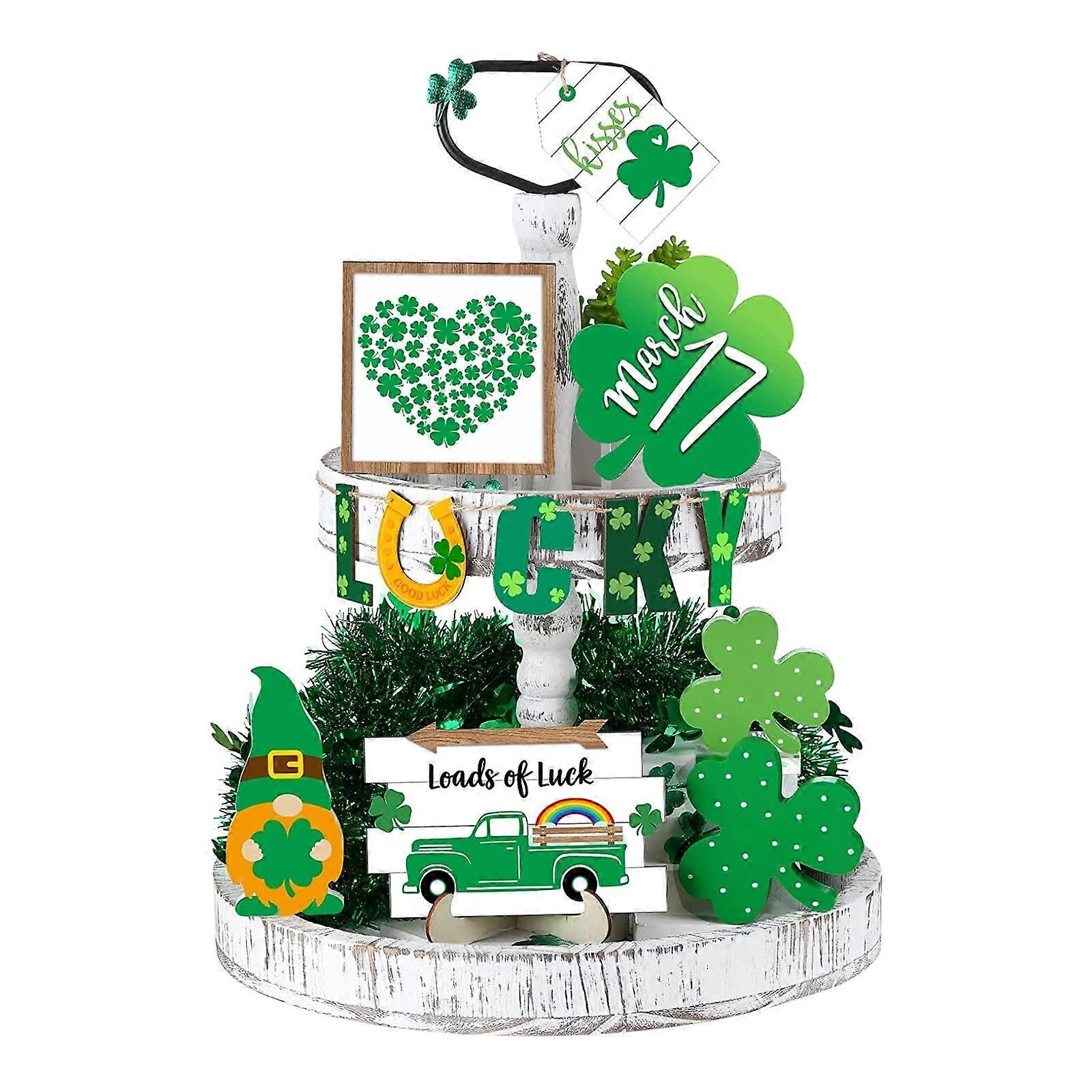St Patricks Day Tiered Tray Decoration Set, Wooden Green Dwarf Block Centerpieces with Holder, Home Decor for Table 1 Set