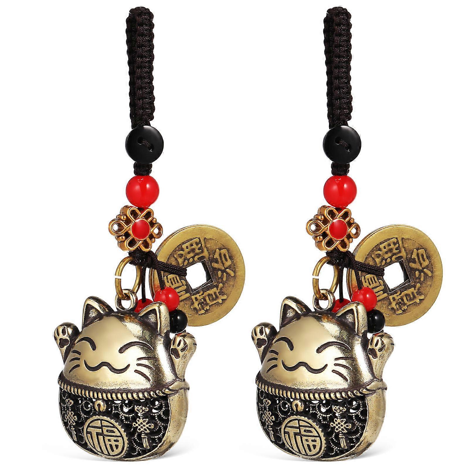 2 Pcs Vintage Brass Cat Key Pendants with Fortune Symbols, Intricate Lucky Charms for Keychains, Bags, Rearview Mirrors, Elegant Accessories for Cat