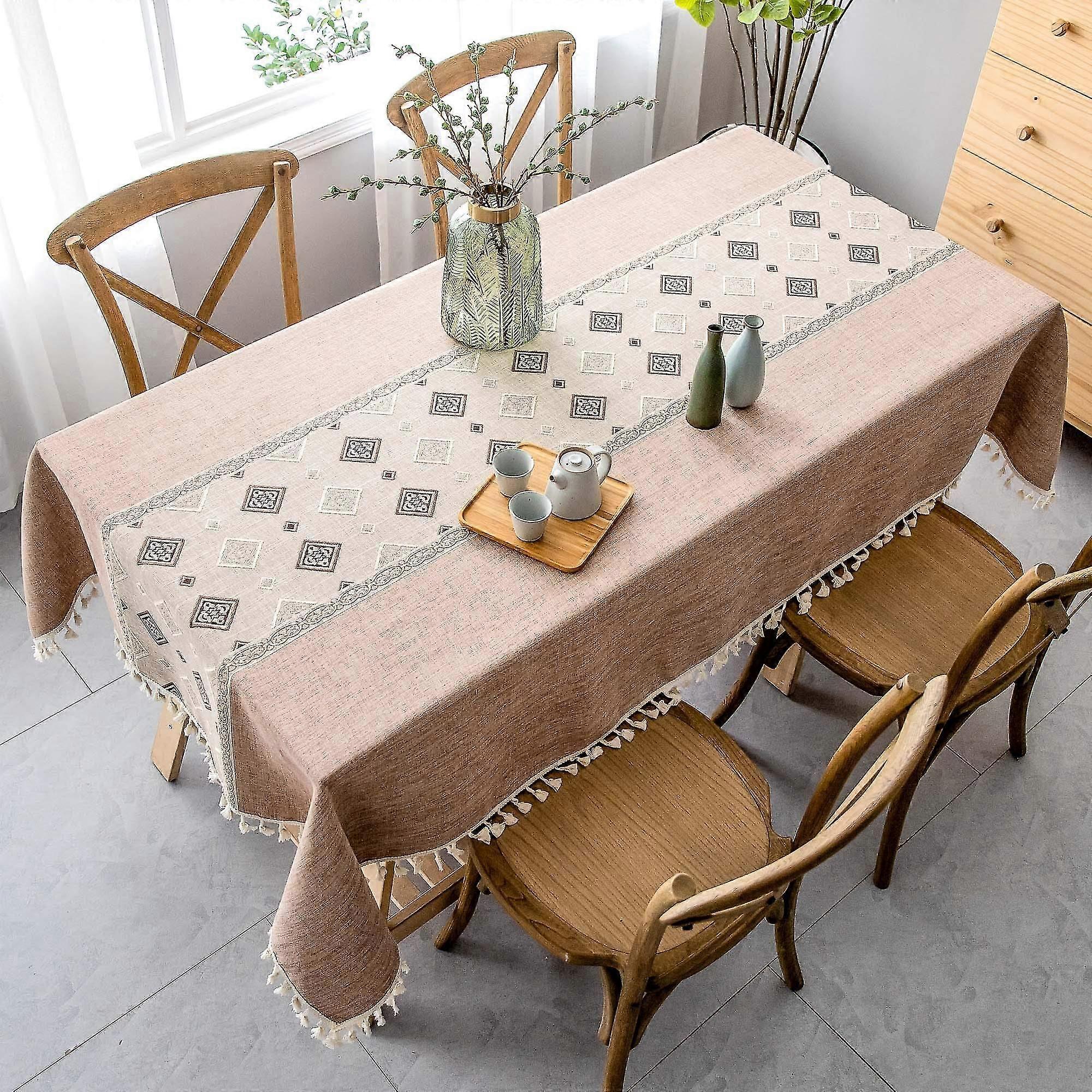 Tablecloth Rectangle Cotton Linen Table Cloth, Square Stitching Tassel Design Rectangle Tablecloths