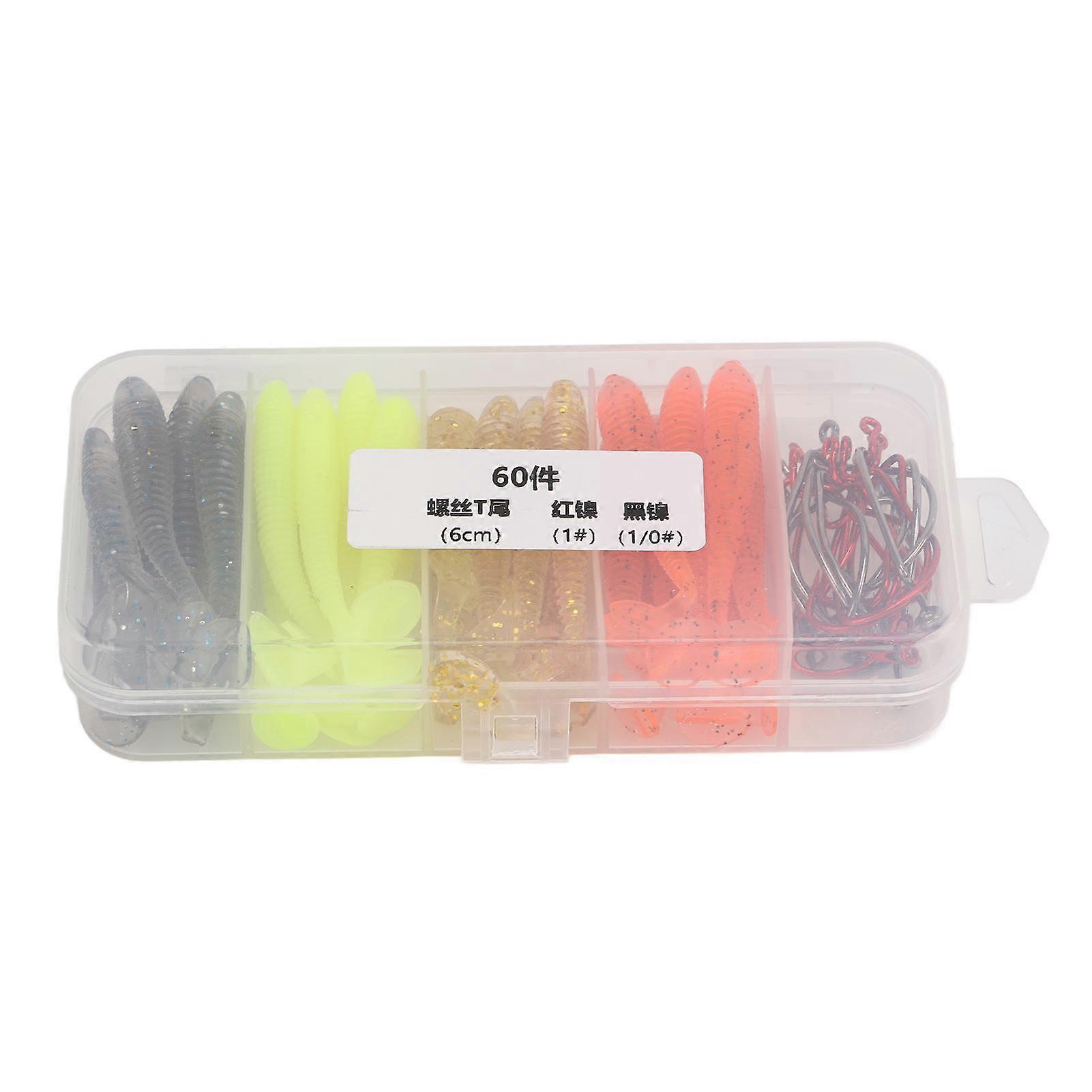 60pcs/box Soft Bait Fishing Lures Kit with Stainless Steel Crank Hooks Artificial T Tail PVC Soft Lu