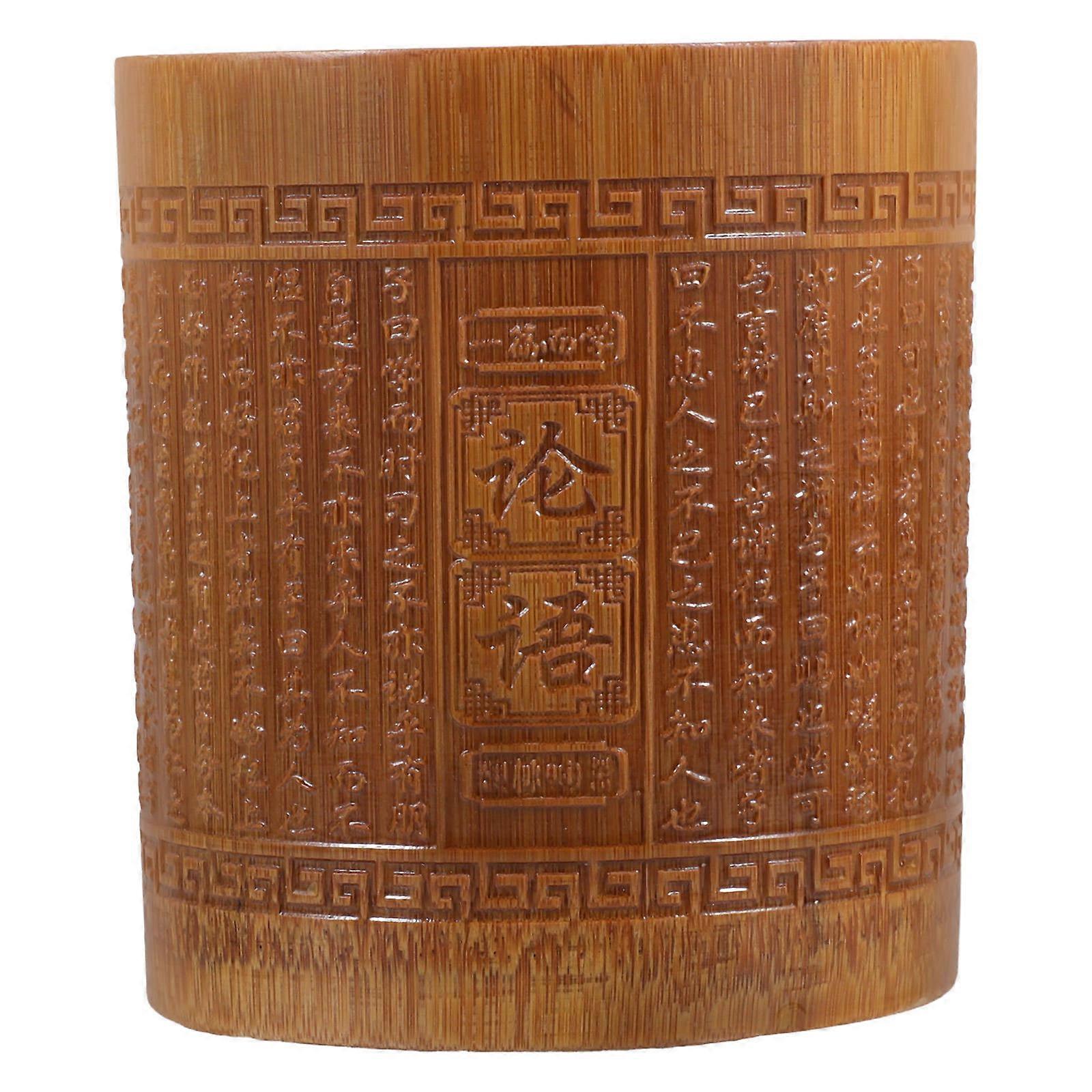 Bamboo Pen Container Round Shape Stationery Organizer Chocolate 11.00X10.50X10.00CM Holding Makeup Brushes 1Pcs