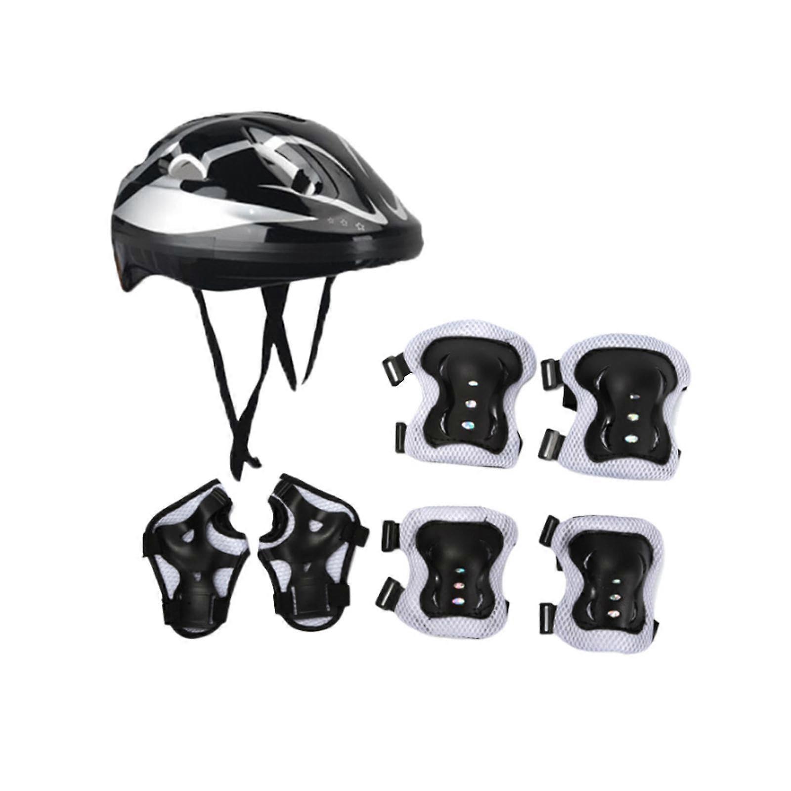 Children's Bicycle Helmet Set 7 Pieces Black Silver Safety Gear with Knee Elbow Wrist Pads for Scooters Skateboards Roller Blading