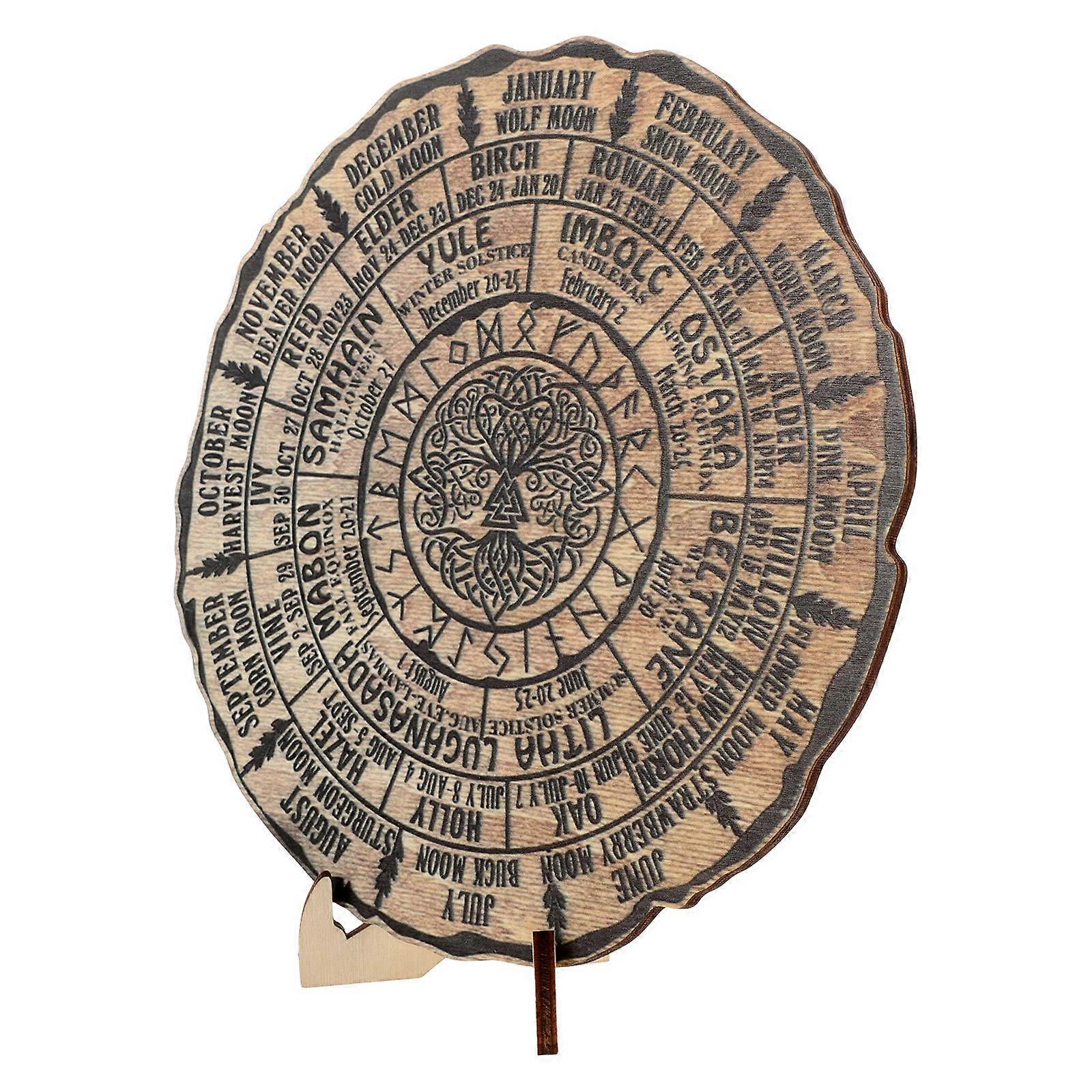 Wooden Calendar Ornament for Timing with Tree Design Light Brown Wood 7.5 inches Round
