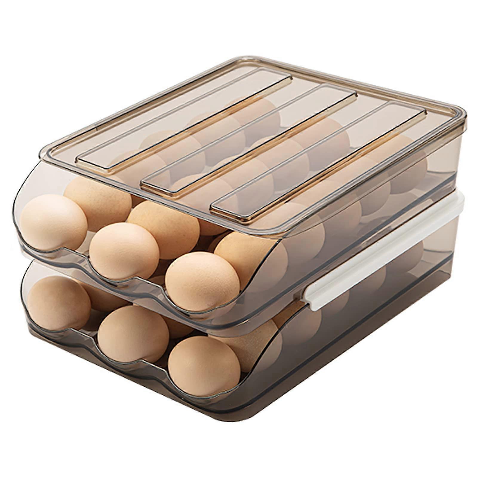 Egg Container for Refrigerator, Automatic Roll Holder, Double Layer Egg Storage Box with Lid (2 Layers)