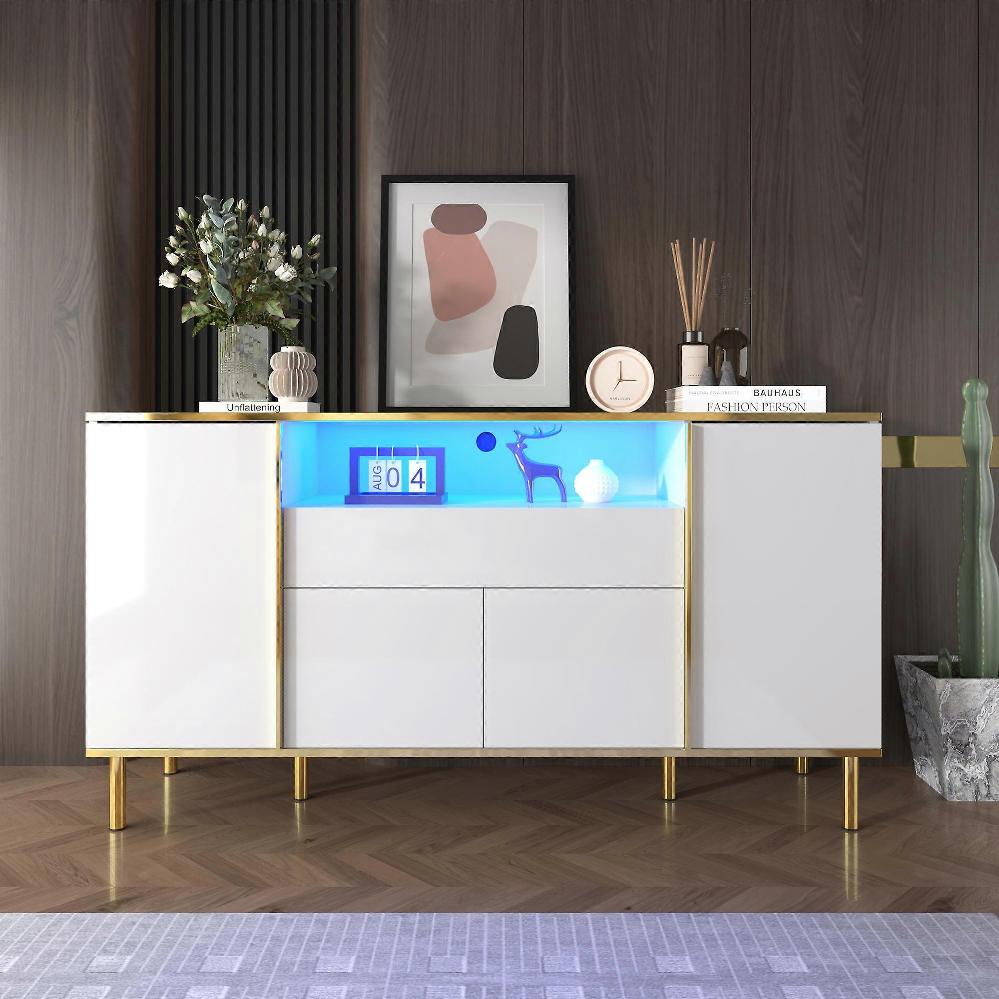 kashemano modern white side cabinet, open compartments , LED lighting