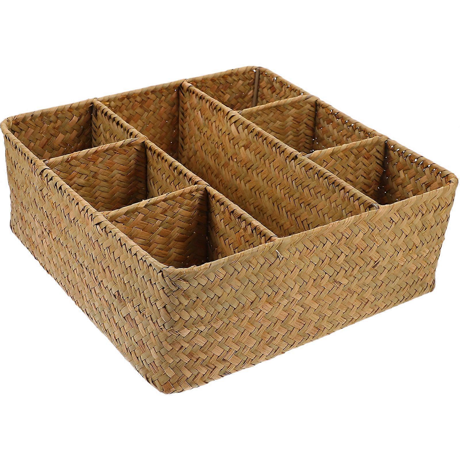 Woven Basket for Storing Gadgets Khaki Color Straw Material Large Capacity Desktop Organizer