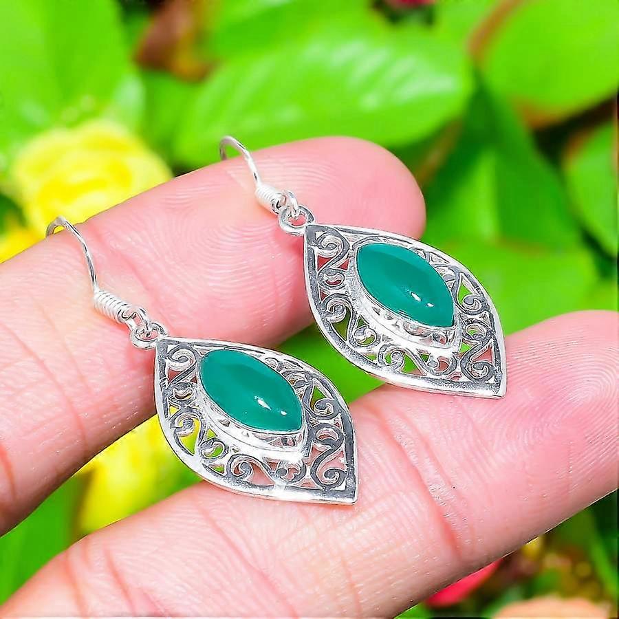 Natural Green Onyx Gemstone Handmade 925 Sterling Silver Earring 1.73" O7W54