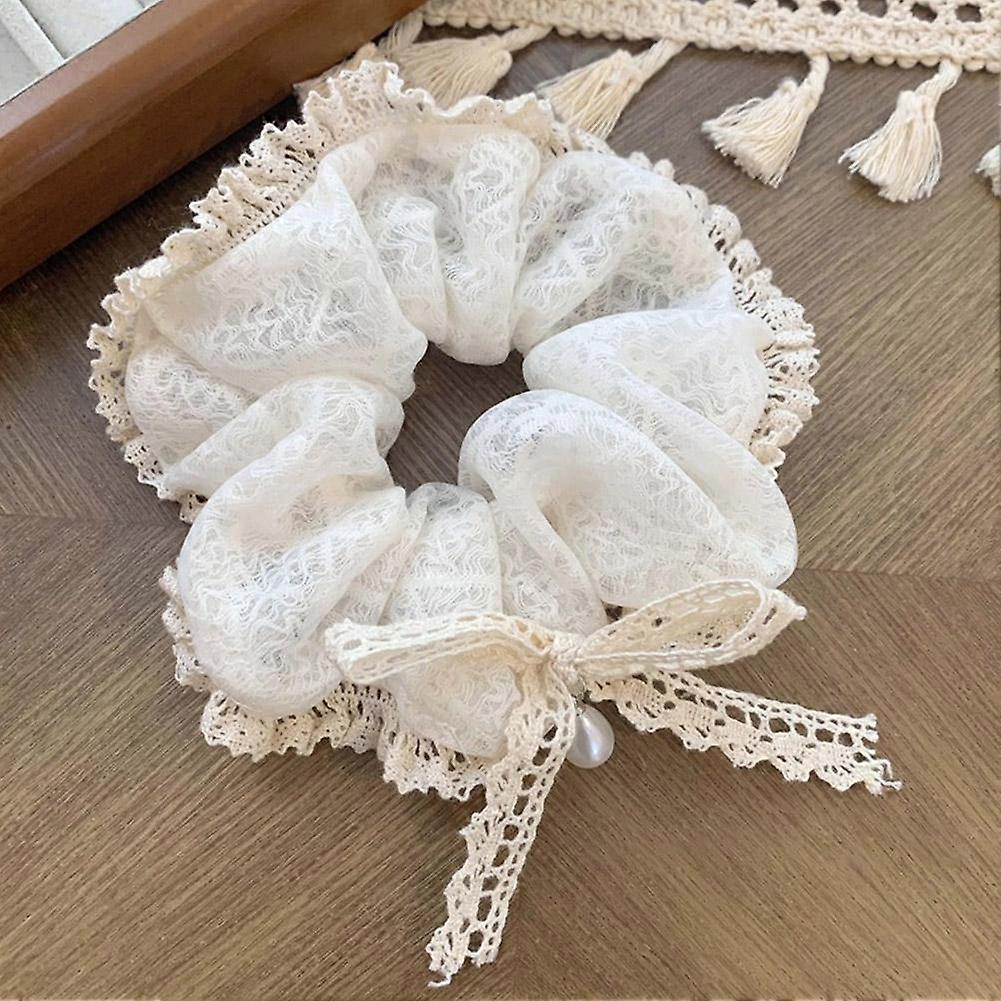 Elástico de cabelo retrô francês com renda e pérola rosa. Elegante, macio e confortável, ideal para diversos penteados femininos. Não danifica os fios. Pacote com 4 unidades.