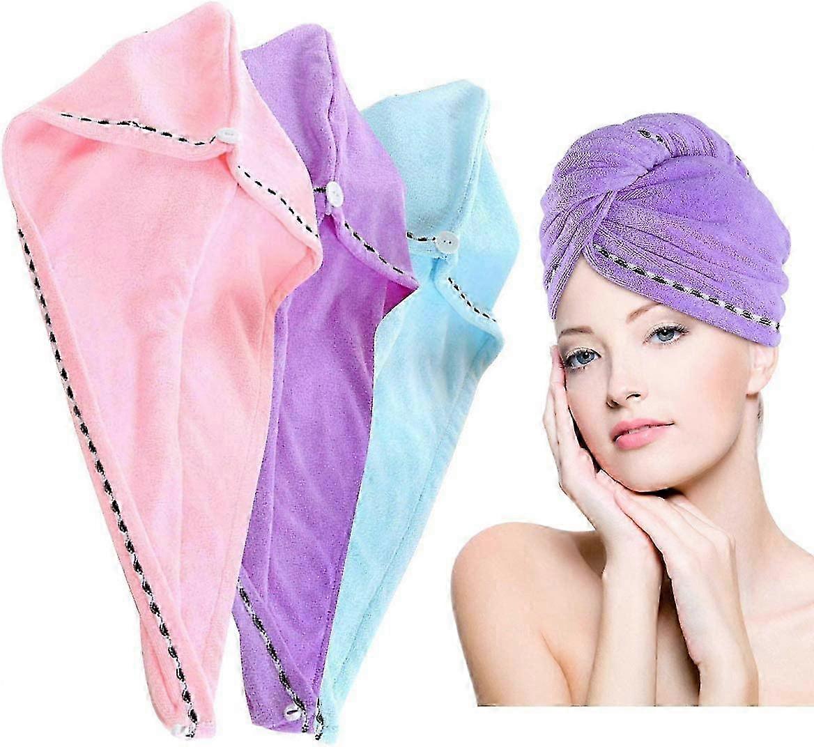3 Pcs Super Absorbent Magic Bath Towels Protect Hair Wrap Wrap with Buttons from Quick Drying, Pink Purple Blue