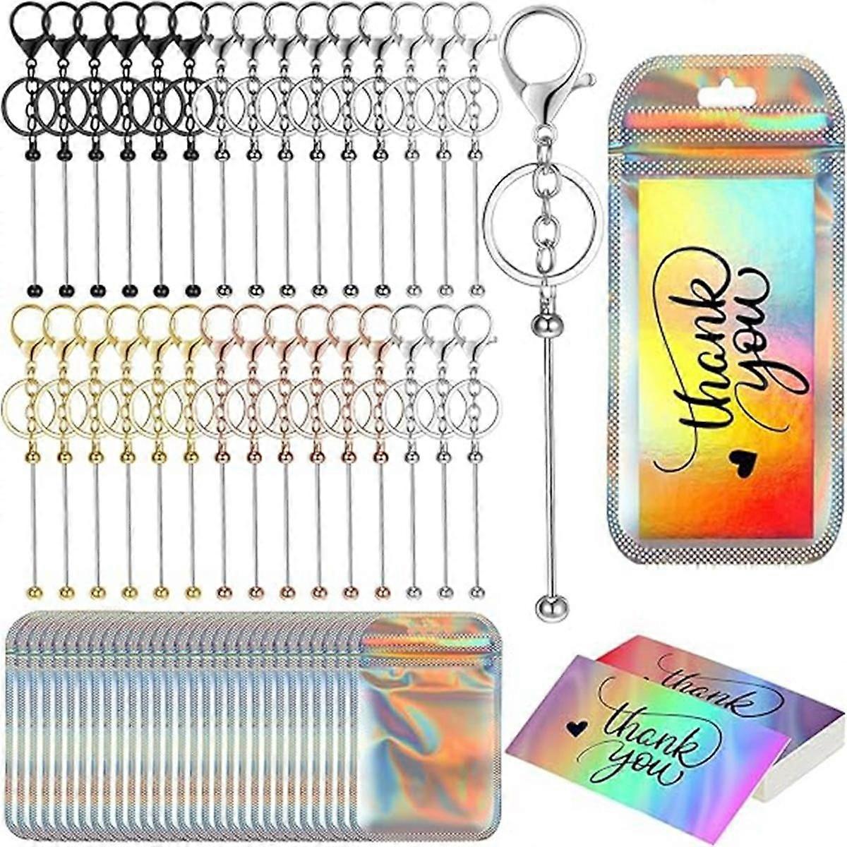 10 Pieces Beaded Key Chains Bulk 10 Hologram Bags 10 Thank You Cards DIY Pendant Craft Jewelry Maki