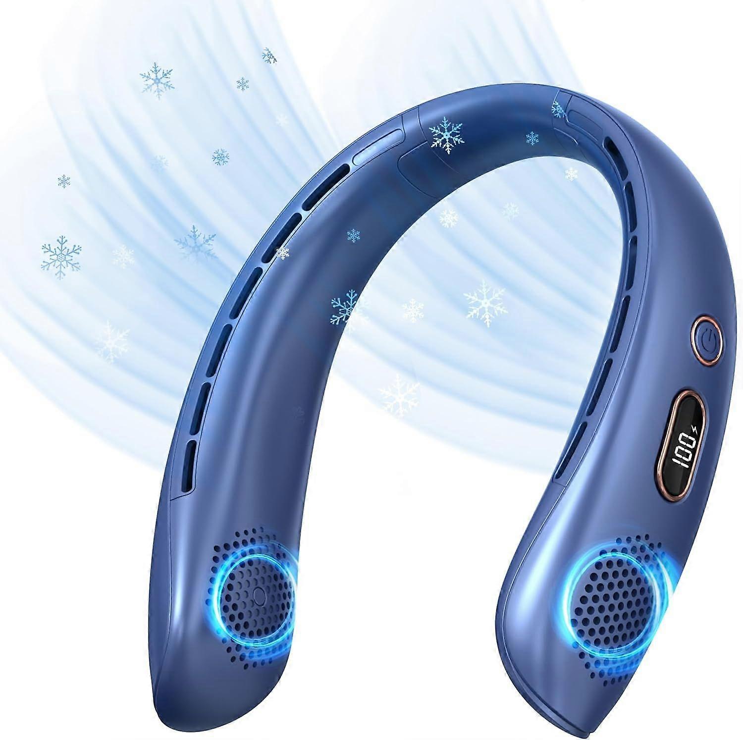 Neck Fan, Portable Bladeless Fan, 3000mAh Battery USB Rechargeable, LED Display, 360 Cooling, 3 Speeds, Quiet - Blue