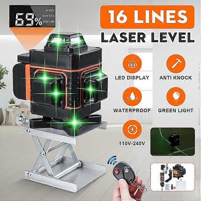 4D 16 Lines Green Laser Level Automatic 360 Rotation Cross Remote Control