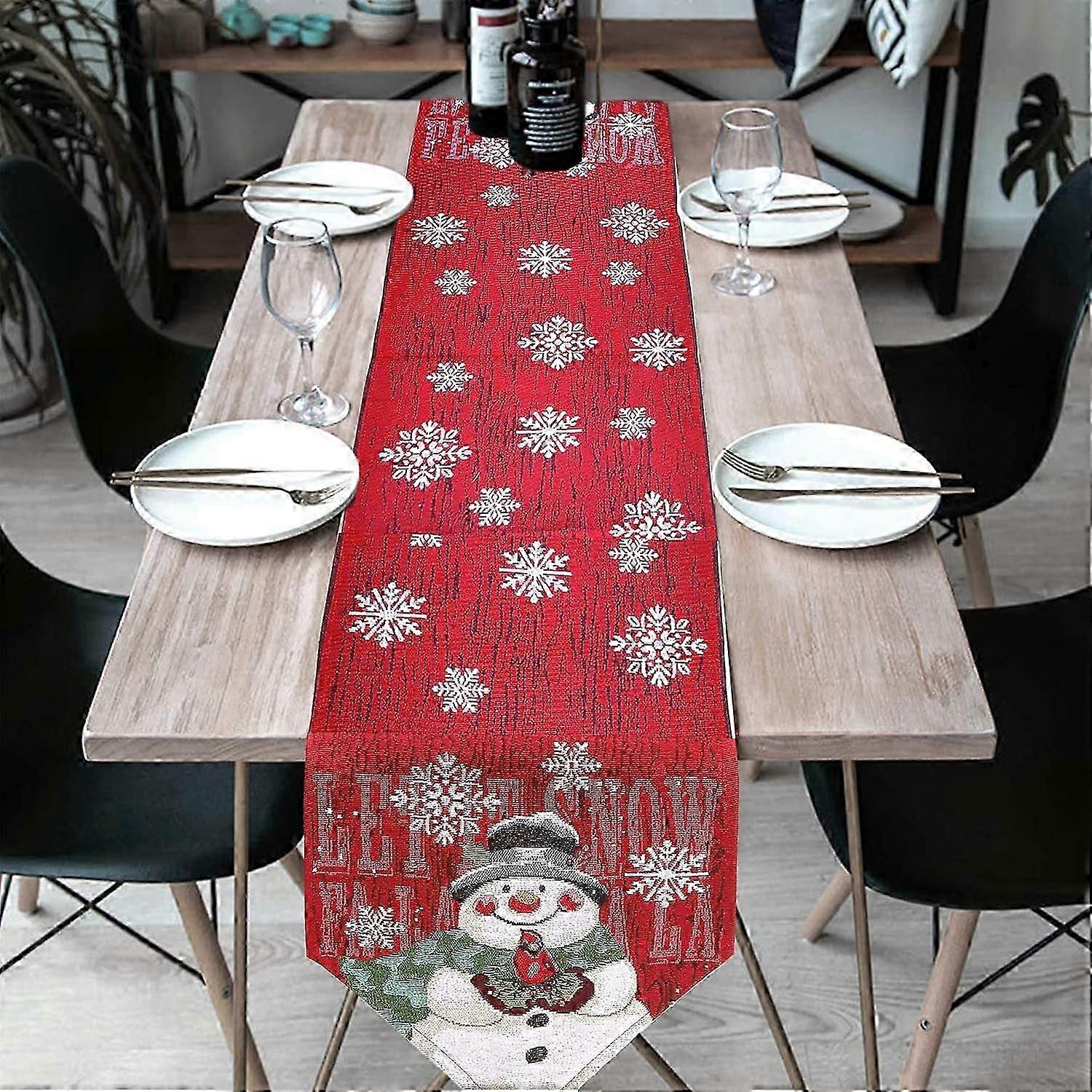 Christmas Table Runner, Snowflake Snowman Christmas Decorative Snowflake Table Runner with Tassels Cotton Linen Table Cover for Christmas Dinner Parti