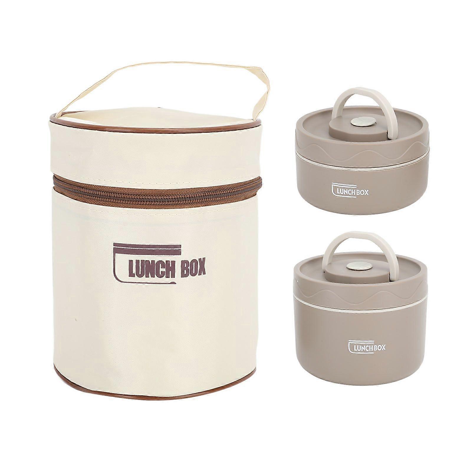 Insulated Lunch Container 304 Stainless Steel Sealed Multifunction Portable Round Thermal Bento Box with Thermal Bag Deep Coffee Color 2Pcs