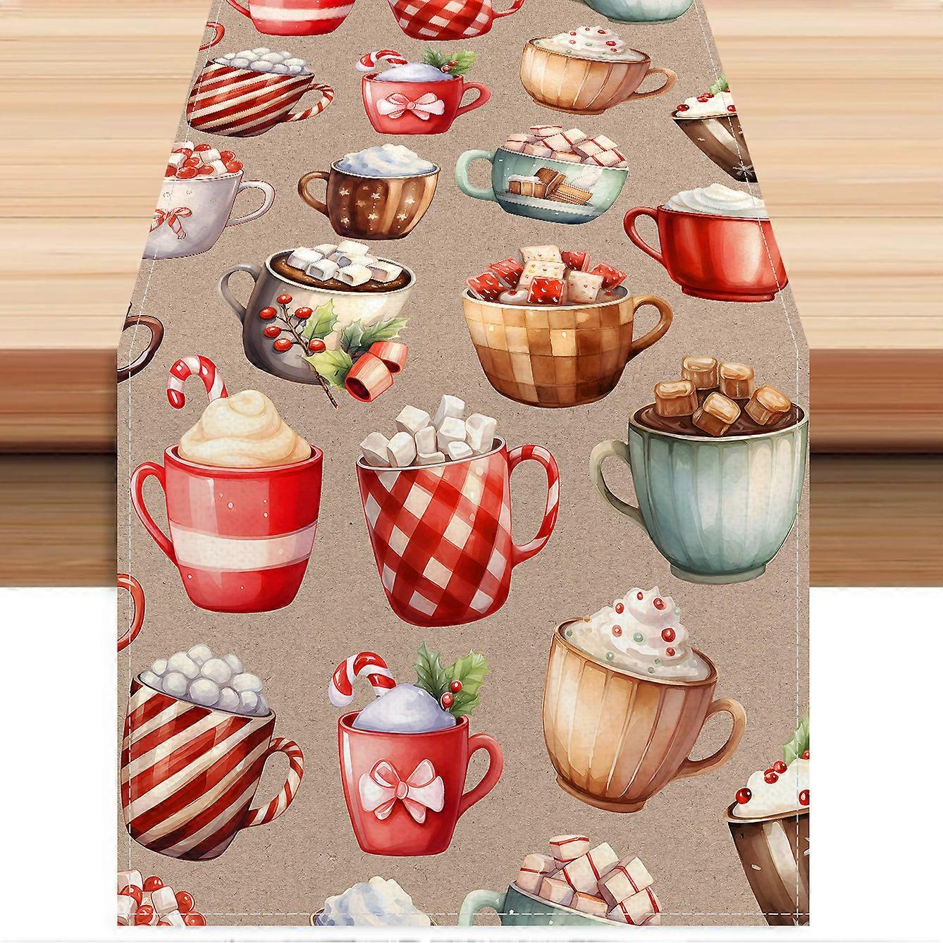 Christmas Ice Cream Coffee Pattern Table Runner, Holiday Party Decorative Table Mat, 23133*90cm Linen