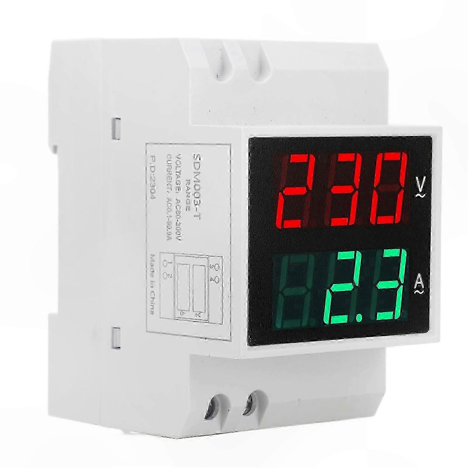 Single Phase AC Voltmeter Ammeter with Dual LED Display for DIN Rail Mounting Voltage Current Meter 80-300V 0.1-99.9A