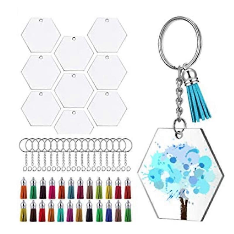 72Pcs Acrylic Transparent Discs Hexagon Keychain Blanks Charms and Tassel Pendants Keyring with Chain for DIY Crafts