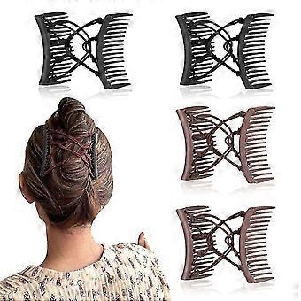 4 Pieces Stretchy Double Comb Hair Clip Adjustable Elastic Hair Comb For Thick Curly Hair (coffee And Black)