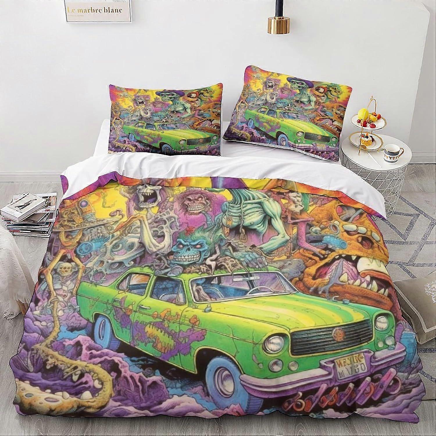 LikeEj 3 قطع غطاء لحاف الوحش مع أكياس وسائد ، طقم مفروشات طباعة سيارة خمر مع إغلاق بسحاب ، غطاء لحاف كرتوني مزدوج