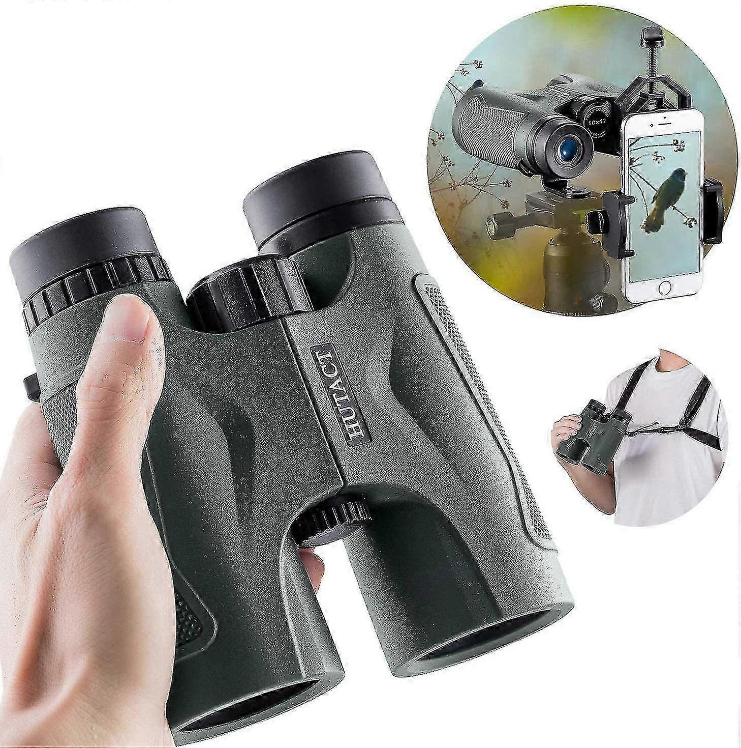 HUTACT双眼鏡10x42ダークグリーン、バードウォッチング、キャンプ、旅行、無料の三脚コネクタ、デュアルストラップと電話クリップ、アーミーグリーンに適しています