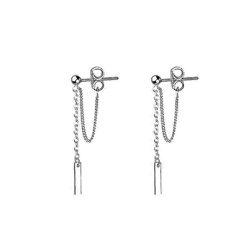 925 Sterling Silver Minimalist Bar Stud Earrings with Chain Dangle