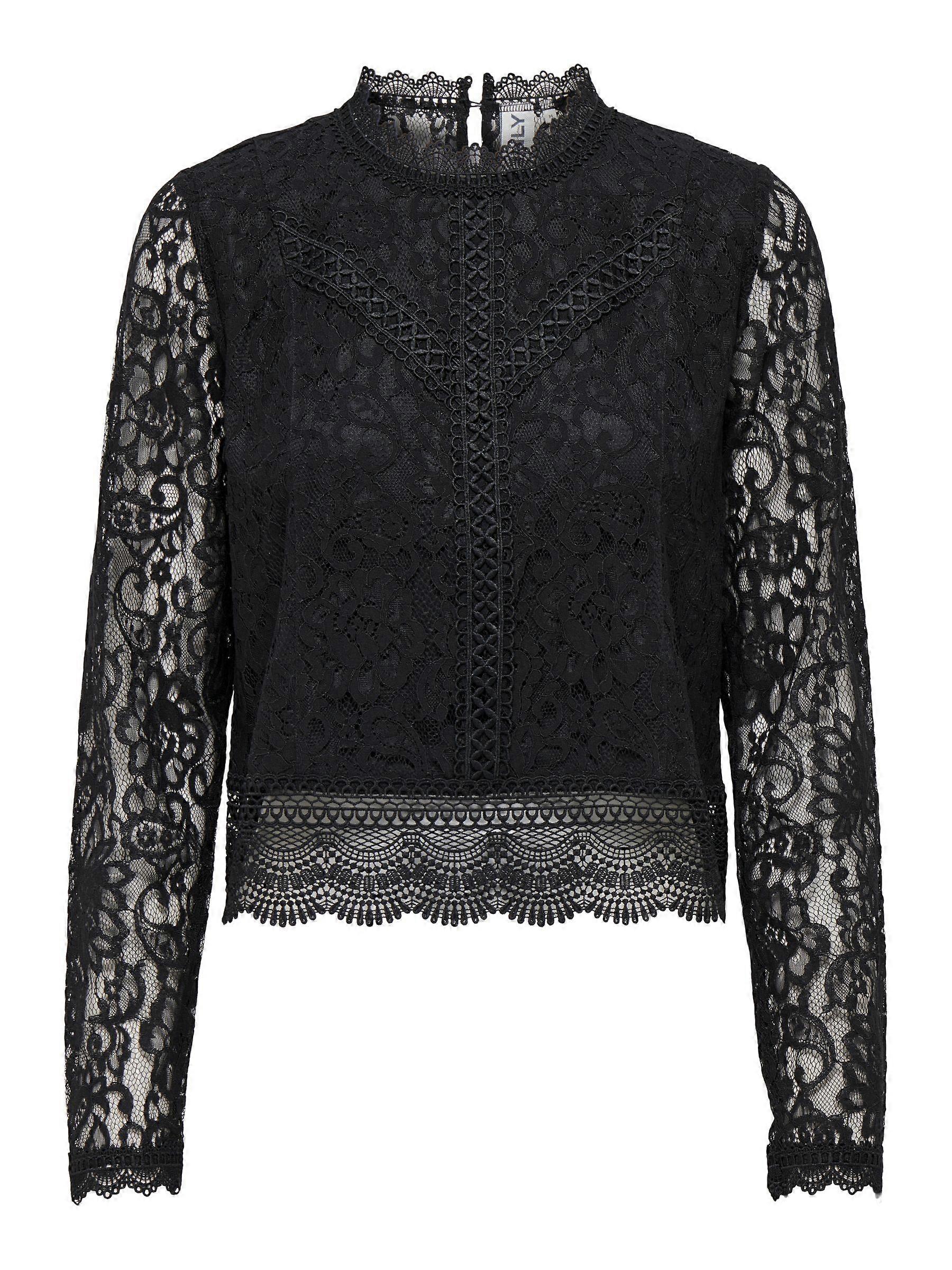 ONLY Damen Bluse Rundhals Regular Fit Spitzendetail Langarm elegant